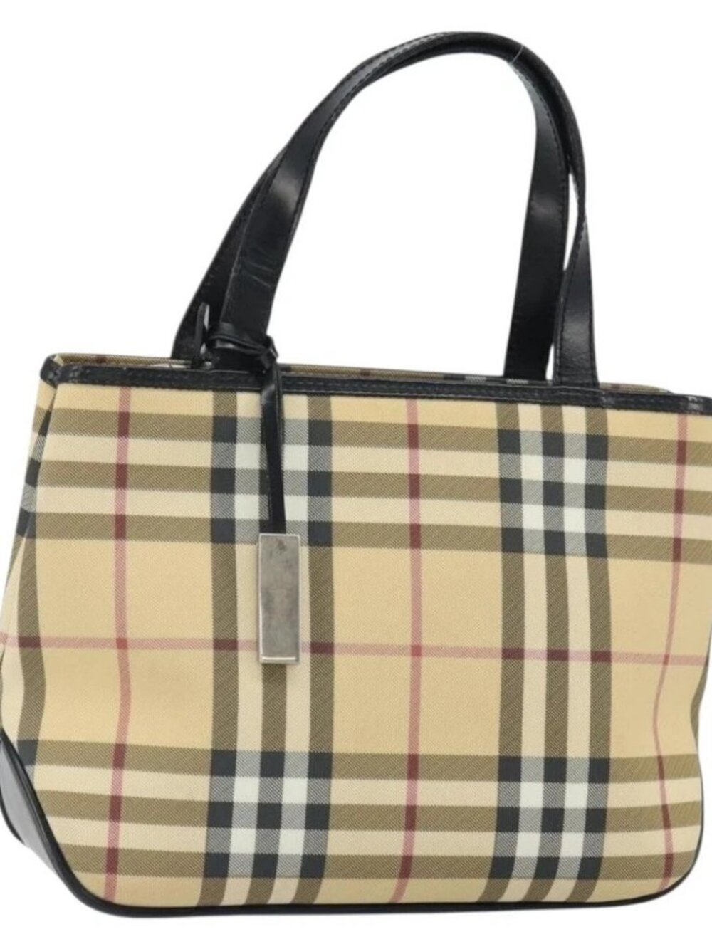 BURBERRY Nova Check Hand Bag PVC Beige Black Silver - Picture 2 of 15